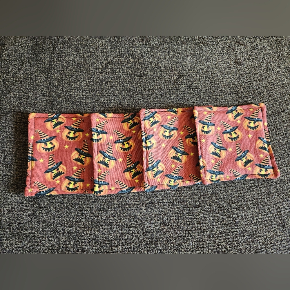 Halloween Coasters Set Of 4 Handmade Jackolanterns Witch Hats Dark Orange New